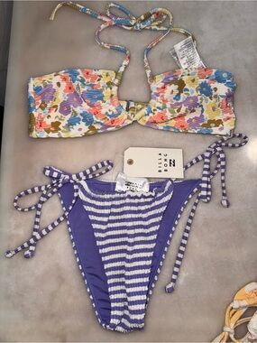 Billabong Multicolor Floral Bandeau Top & Purple Stripe Tie-Side Bikini Bottoms
